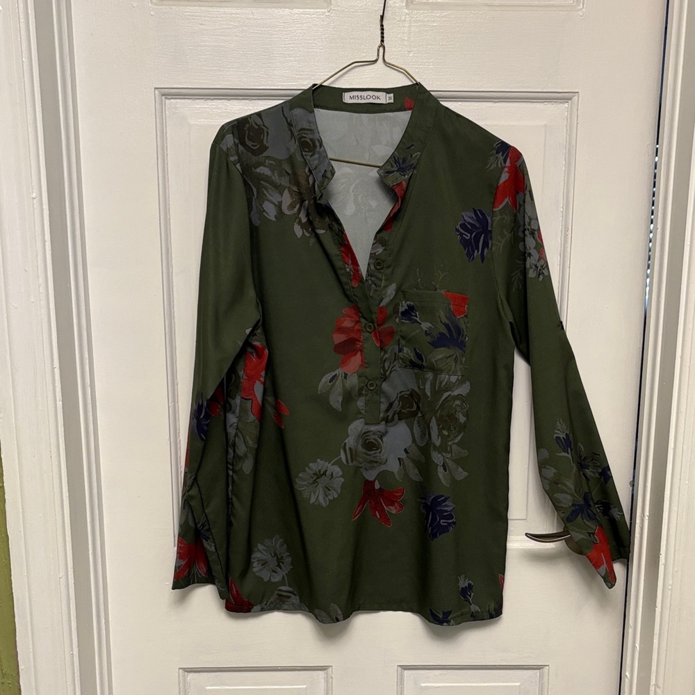 MISSLOOK Olive Floral Button Down Shirt
